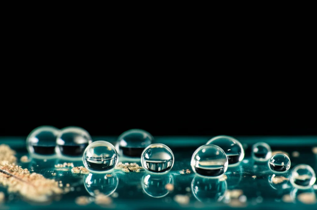 Primo piano macro di goccioline di liquido per sigaretta elettronica che interagiscono con una coltura batterica visibile al microscopio, illuminazione controllata, alta definizione, lente macro 100mm, che simboleggia l'impatto del vaping sul microbioma orale.