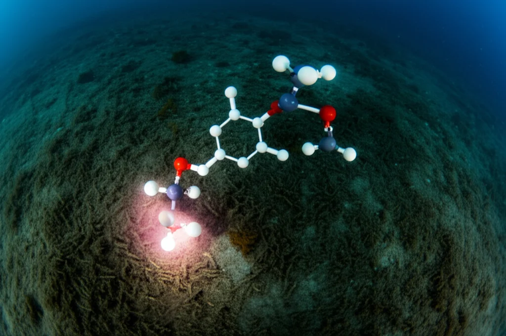 Visione sottomarina profonda con sedimenti marini scuri, da cui emerge una rappresentazione astratta e luminosa della molecola di Jejumide. Wide-angle lens, 15mm, long exposure, sharp focus, atmosfera misteriosa e scientifica.