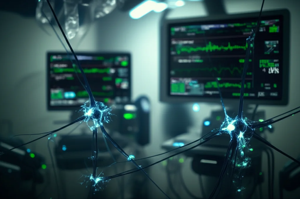 Visualizzazione astratta dell'intelligenza artificiale che analizza dati medici complessi in un ambiente di terapia intensiva. Macro lens 100mm, high detail, controlled lighting, con nodi neurali luminosi blu e verdi sovrapposti a grafici vitali sfocati su monitor medicali.