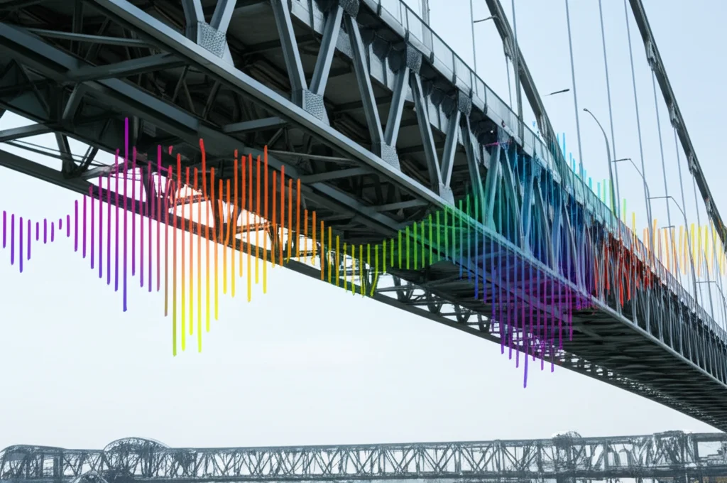 Fotografia grandangolare (15mm) di un moderno ponte a lunga campata con una struttura reticolare periodica ben visibile. Sovrapposte graficamente, onde sonore stilizzate che vengono attenuate (indicate da un cambio di colore o intensità) mentre attraversano la sezione reticolare, illustrando il concetto di bandgap fononico. Luce diurna, messa a fuoco nitida sull'intera struttura.