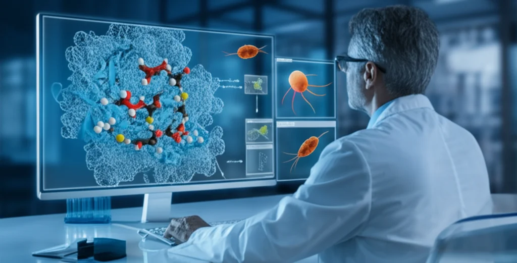Illustrazione concettuale della progettazione di farmaci assistita dal computer (CADD) per la malaria. Si vede uno scienziato che lavora su un computer con visualizzazioni molecolari 3D di una proteina (proteasi aspartica) e piccole molecole (inibitori), con un'immagine stilizzata del parassita Plasmodium sullo sfondo. Prime lens, 35mm, profondità di campo, colori blu e grigio duotone.