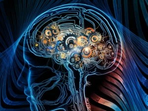 Immagine concettuale astratta che rappresenta il cervello umano con ingranaggi luminosi e percorsi neurali interconnessi, simboleggiando il complesso rapporto tra determinismo, processi cognitivi, scelta e autogoverno. Illuminazione drammatica laterale, alta definizione, colori freddi dominanti con accenti caldi.