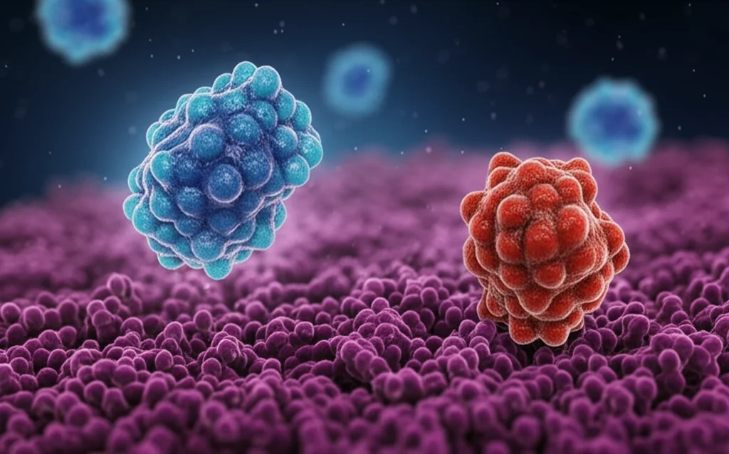 Immagine concettuale fotorealistica, obiettivo macro 100mm, che mostra due strutture molecolari leggermente diverse e scintillanti (che rappresentano enantiomeri interconvertibili) che mirano a una struttura stilizzata della parete cellulare batterica, illuminazione drammatica controllata, alta definizione, profondità di campo ridotta focalizzata sulle molecole.