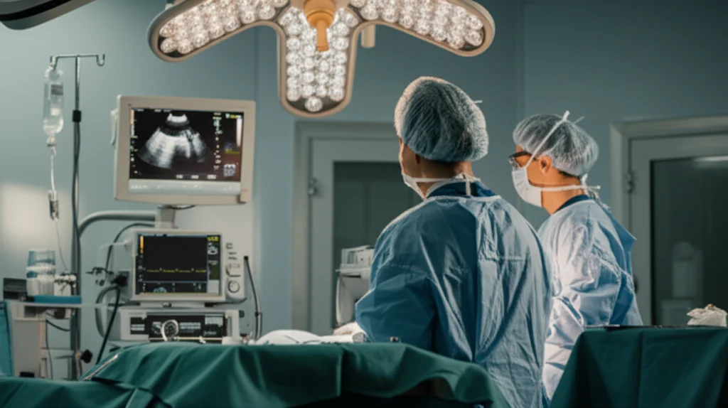 Immagine fotorealistica di una sala operatoria moderna durante un intervento di tiroidectomia. Si vede il team chirurgico concentrato sul paziente, monitor con immagini ecografiche e tracciati di neuromonitoraggio visibili sullo sfondo. Luce chirurgica intensa illumina il campo operatorio. 35mm prime lens, profondità di campo che mette a fuoco il chirurgo principale.