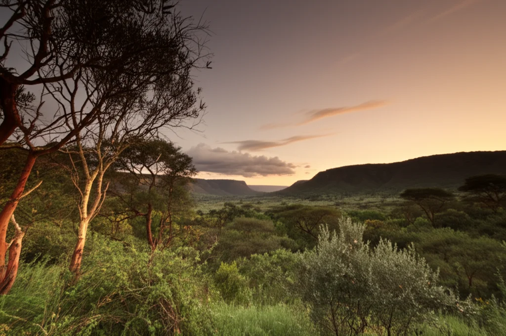 Paesaggio della valle del Ghibe in Etiopia al tramonto, vegetazione lussureggiante con focus su diverse piante locali in primo piano tra cui si intravedono foglie simili a quelle di eucalipto e olivo selvatico. Fotografia paesaggistica grandangolare 15mm, colori caldi del tramonto, messa a fuoco nitida sull'intera scena, lunga esposizione per cielo suggestivo.