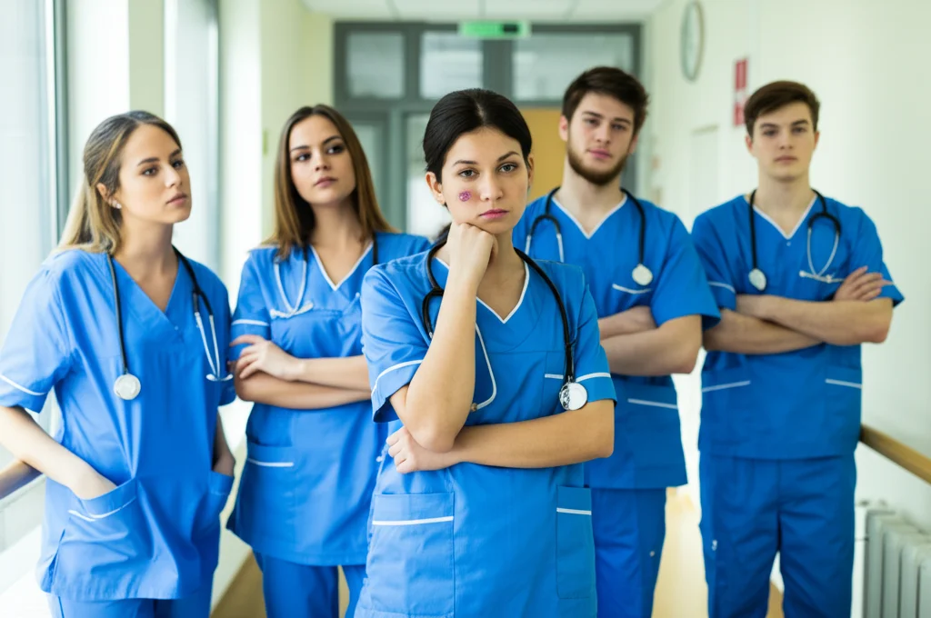 Ritratto di gruppo di studenti paramedici in divisa, alcuni con evidenti segni di stanchezza sul volto, altri più vigili, all'interno di un corridoio universitario moderno e luminoso. Obiettivo zoom 24-70mm impostato a circa 35mm, profondità di campo media che mantiene a fuoco il gruppo ma sfoca leggermente lo sfondo. Illuminazione naturale morbida proveniente da una finestra laterale, creando un'atmosfera realistica.