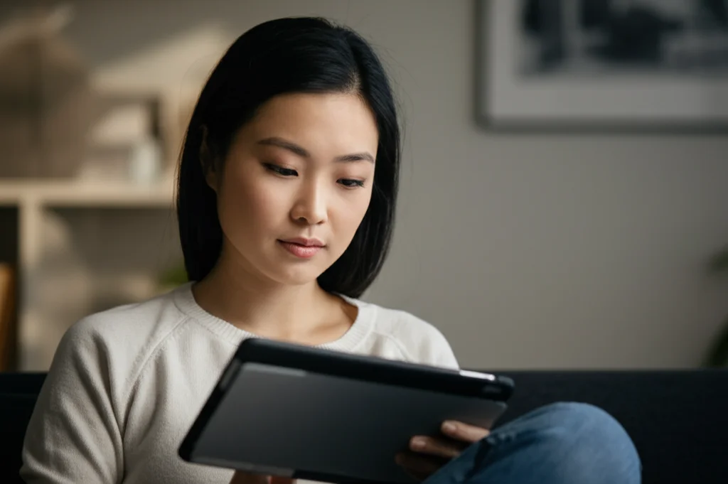 Ritratto fotografico di una giovane donna cinese adulta concentrata sulla lettura di un testo complesso su un tablet, simboleggiando l'elaborazione del linguaggio e le competenze lessicali. Obiettivo 35mm, luce naturale laterale morbida, profondità di campo ridotta che sfoca lo sfondo, toni neutri.
