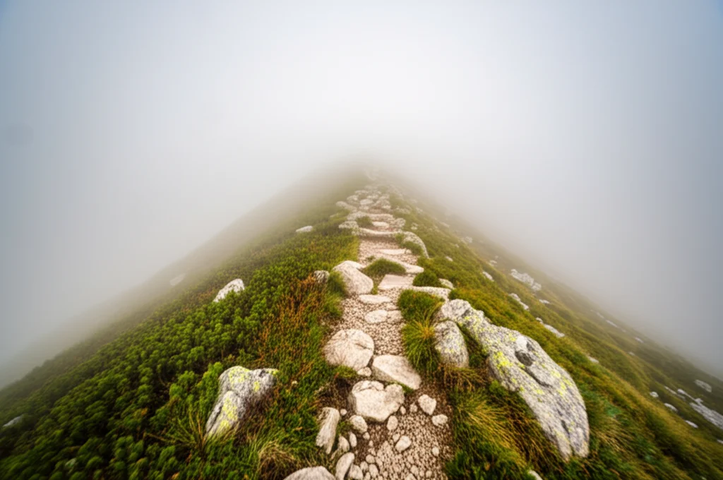 Un sentiero di montagna ripido e impegnativo che sale verso una cima avvolta nella nebbia, simboleggiando la sfida e lo sforzo nel resistere alle tentazioni per raggiungere un obiettivo significativo. Wide-angle lens, 15mm, long exposure times, sharp focus, atmosfera evocativa.