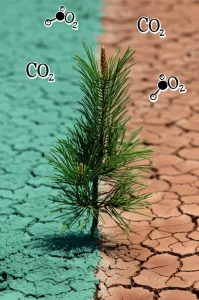 Fotografia di forte impatto visivo: due giovani piantine di pino affiancate, una (Pinus pinea) appare più vigorosa e verde scuro, l'altra (Pinus pinaster) leggermente meno rigogliosa, su uno sfondo diviso a metà, una parte simboleggia l'abbondanza d'acqua (blu/verde), l'altra la siccità (ocra/marrone). Simboli stilizzati di molecole di CO2 fluttuano nell'aria. Obiettivo prime 35mm, profondità di campo media per mantenere entrambe le piante a fuoco, illuminazione contrastata.