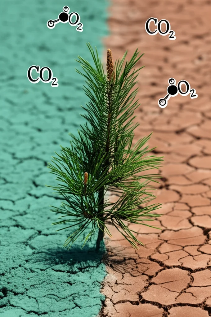 Fotografia di forte impatto visivo: due giovani piantine di pino affiancate, una (Pinus pinea) appare più vigorosa e verde scuro, l'altra (Pinus pinaster) leggermente meno rigogliosa, su uno sfondo diviso a metà, una parte simboleggia l'abbondanza d'acqua (blu/verde), l'altra la siccità (ocra/marrone). Simboli stilizzati di molecole di CO2 fluttuano nell'aria. Obiettivo prime 35mm, profondità di campo media per mantenere entrambe le piante a fuoco, illuminazione contrastata.