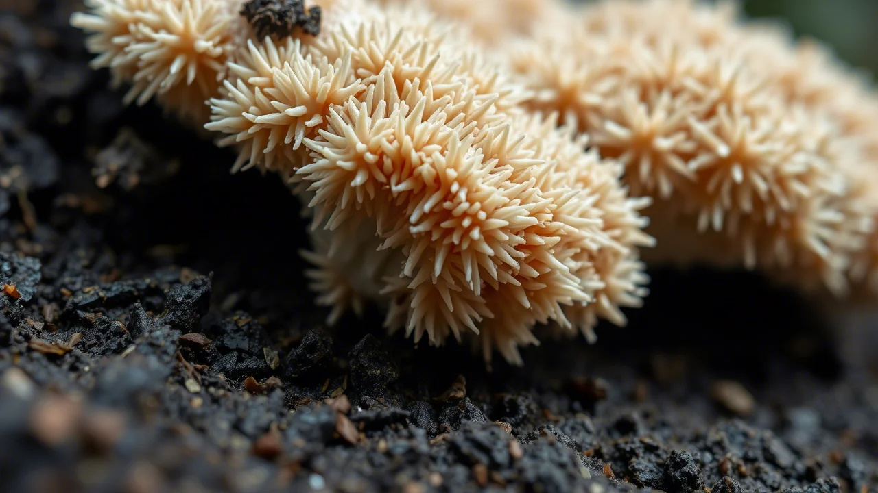 Fotografia macro di un fungo Hericium erinaceus rigoglioso che cresce su un substrato scuro contenente sansa di oliva visibile, lente macro 105mm, alta definizione, illuminazione laterale controllata per evidenziare la texture intricata delle spine, messa a fuoco selettiva.