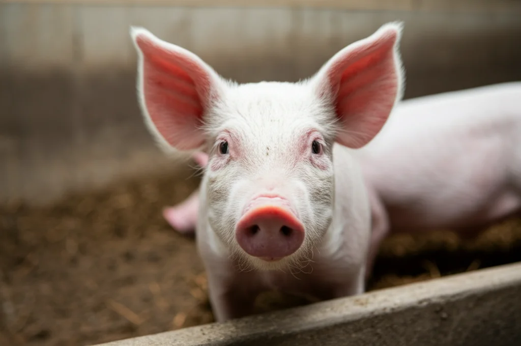 Fotografia ritratto, obiettivo 35mm, di un suinetto sano e vivace nel periodo dello svezzamento. Il suinetto guarda verso la camera con curiosità, la luce è naturale e morbida, creando una leggera profondità di campo che sfoca lo sfondo della fattoria. L'immagine cattura la vitalità e la salute dell'animale, suggerendo gli effetti positivi di un buon equilibrio intestinale supportato da Lattobacilli e metionina.