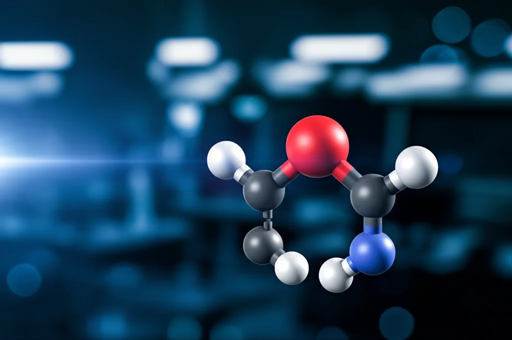 Immagine concettuale fotorealistica di un anello molecolare stilizzato di ciclopentano contenente un atomo di boro (rosso) e altri atomi (carbonio grigio, idrogeno bianco), illuminato da un fascio di luce blu visibile proveniente da sinistra in un ambiente di laboratorio high-tech scuro, obiettivo macro 85mm, profondità di campo ridotta per focalizzare sull'anello, effetto bokeh sullo sfondo.