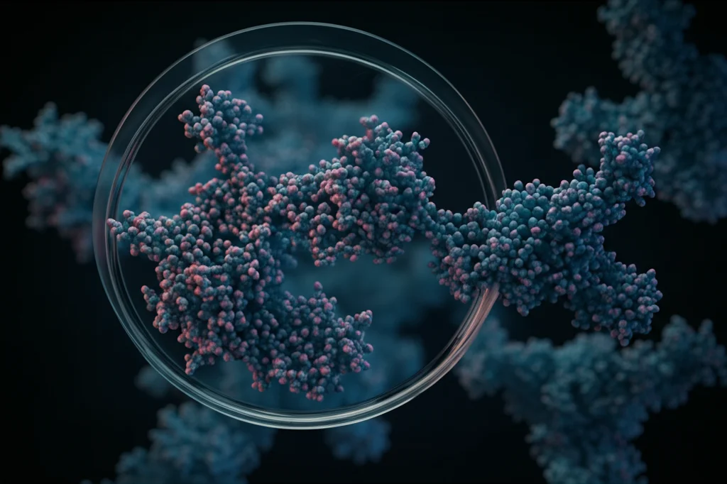 Immagine fotorealistica concettuale che mostra una piastra di Petri con colonie batteriche luminose da cui emergono strutture molecolari 3D complesse di diterpeni, sfondo scuro e suggestivo, obiettivo macro 60mm, alta definizione, illuminazione drammatica che collega il mondo microbico a quello chimico.