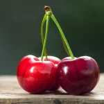 Macro lens, 100mm, high detail, precise focusing, controlled lighting. Un primo piano di tre ciliegie dolci perfette e lucide appoggiate su una superficie di legno rustico. Una ciliegia rappresenta la grande dimensione ottenibile con Krymsk 5, un'altra la consistenza soda di Gisela 6 (forse leggermente meno lucida, dall'aspetto più robusto), e una terza rappresenta il colore ricco della varietà Regina. Una luce morbida e naturale illumina la scena, mettendo in risalto le differenze sottili ma significative.