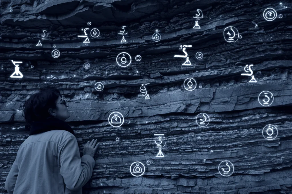 Prime lens, 35mm portrait orientation, Una geologa studia attentamente strati di roccia che rappresentano il tempo profondo, sottili simboli luminosi che rappresentano punti dati nascosti sono incorporati negli strati, profondità di campo che mette a fuoco l'espressione concentrata della geologa e la parete rocciosa, duotone blu e grigio.