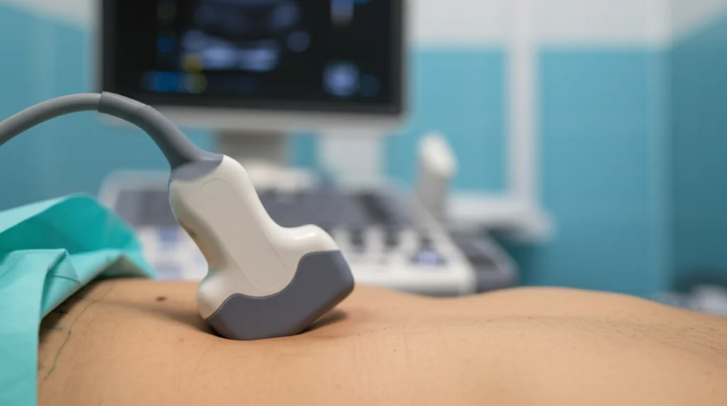 Primo piano di una sonda ecografica lineare appoggiata sul torace di un paziente in un ambiente di Pronto Soccorso. Si intravede sullo sfondo sfocato un monitor con artefatti ecografici polmonari (linee B). Illuminazione controllata, obiettivo macro 85mm, alta definizione dei dettagli della sonda e della cute, atmosfera clinica ma rassicurante.