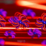 Visualizzazione artistica e fotorealistica dell'interazione tra un fascio laser (simbolo della SHG) e un film sottile di Bismuto Ferrito (BFO) depositato su un substrato, il quale induce una tensione meccanica visibile come una leggera deformazione del reticolo cristallino. Si intravedono gli spin atomici allineati in modo antiferromagnetico (tipo G) che rispondono alla luce. Dettagli microscopici, illuminazione controllata focalizzata sull'interfaccia film/substrato, focus preciso sulla struttura atomica, stile macro 80mm, alta definizione.