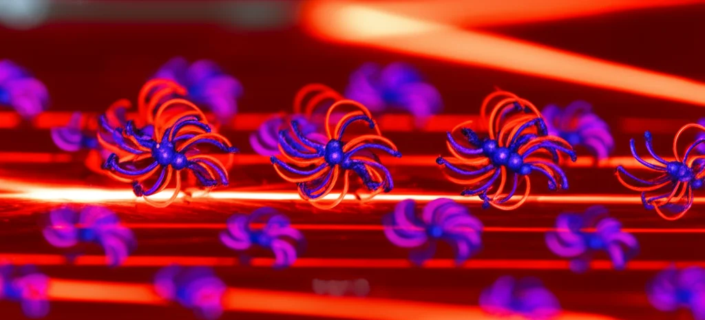 Visualizzazione artistica e fotorealistica dell'interazione tra un fascio laser (simbolo della SHG) e un film sottile di Bismuto Ferrito (BFO) depositato su un substrato, il quale induce una tensione meccanica visibile come una leggera deformazione del reticolo cristallino. Si intravedono gli spin atomici allineati in modo antiferromagnetico (tipo G) che rispondono alla luce. Dettagli microscopici, illuminazione controllata focalizzata sull'interfaccia film/substrato, focus preciso sulla struttura atomica, stile macro 80mm, alta definizione.