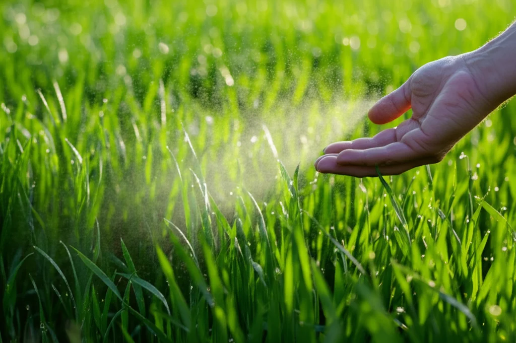 Fotografia macro di una mano che spruzza delicatamente una soluzione fogliare contenente zinco su giovani piante di grano verde brillante in un campo, obiettivo macro 105mm, focus selettivo sulle goccioline d'acqua iridescenti sulle foglie, luce mattutina morbida che illumina la scena.