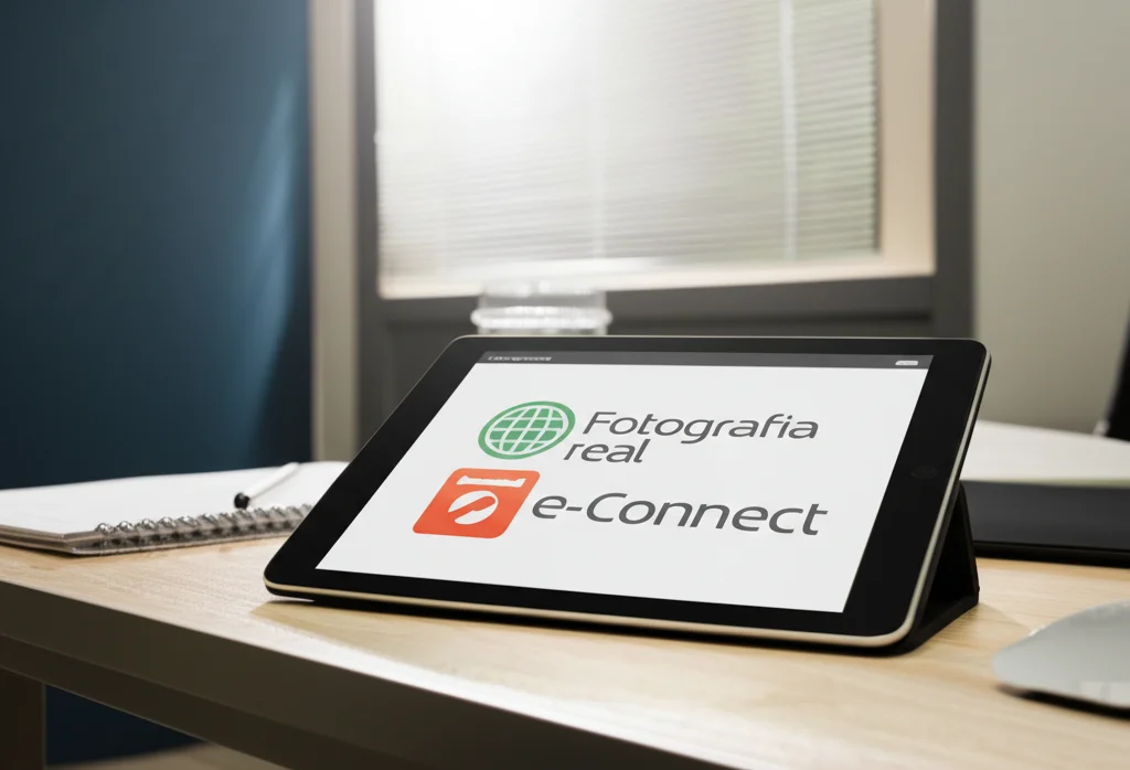 Fotografia realistica di un tablet che mostra l'interfaccia user-friendly del sistema di screening e-Connect, appoggiato su una scrivania in un ufficio di probation. Luce naturale morbida da una finestra laterale, obiettivo macro 60mm per catturare i dettagli dell'interfaccia, messa a fuoco precisa sullo schermo, sfondo dell'ufficio leggermente sfocato per mantenere il focus sul dispositivo.