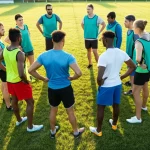 Fotografia sportiva dinamica, teleobiettivo 200mm, un gruppo multietnico di atleti in cerchio su un campo da gioco erboso, discutono animatamente ma costruttivamente durante una pausa, espressioni concentrate e coinvolte, luce naturale del tardo pomeriggio che crea lunghe ombre, tracciamento del movimento leggero per catturare l'energia della conversazione.