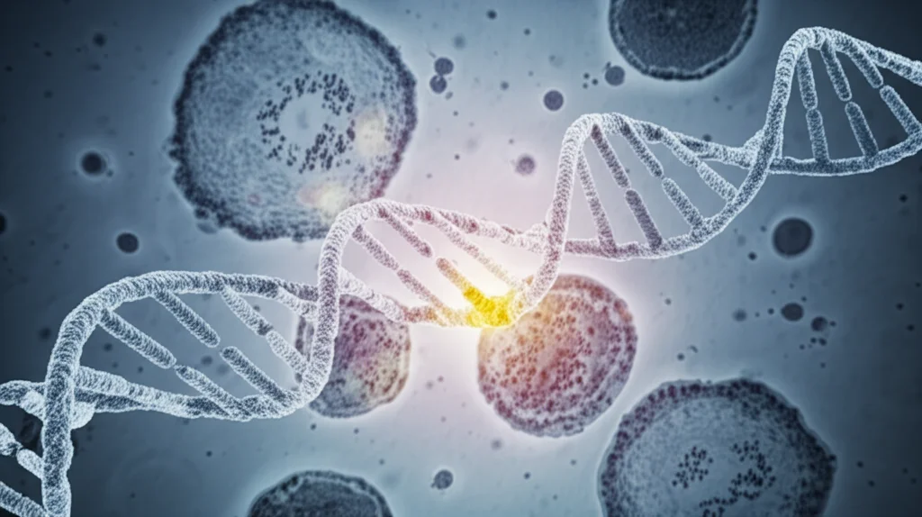 Illustrazione fotorealistica di una doppia elica di DNA con una sezione evidenziata che rappresenta una mutazione hotspot nel gene DICER1, sovrapposta a un'immagine sfocata di cellule tumorali ovariche al microscopio. Obiettivo prime 35mm, profondità di campo ridotta per focalizzare sulla mutazione, toni blu e grigi duotone per un'atmosfera scientifica e clinica.
