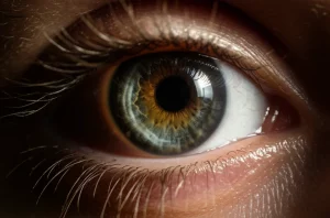 Immagine fotorealistica di un occhio umano che riflette dati scientifici complessi da uno schermo. Obiettivo macro 100mm, alta definizione, focus nitido sull'iride, illuminazione drammatica laterale per creare contrasto.