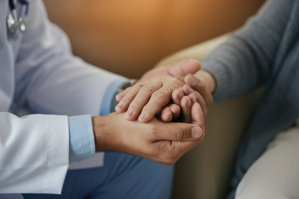 Primo piano di due mani che si toccano con delicatezza, una rappresenta un professionista sanitario (mano curata, forse con un orologio discreto) e l'altra un paziente (mano forse più segnata o tesa), obiettivo macro 90mm, sfondo sfocato e caldo, luce morbida laterale, per simboleggiare supporto, fiducia e il contatto umano nella relazione terapeutica.