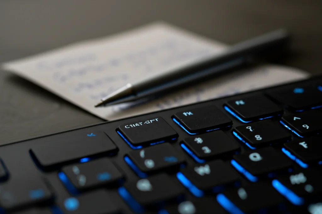 Primo piano di una tastiera di computer con le lettere C-H-A-T-G-P-T illuminate, accanto a una penna e un foglio di carta con del testo scritto a mano parzialmente sfocato sullo sfondo, profondità di campo ridotta, illuminazione d'atmosfera, obiettivo 50mm prime.