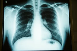 Radiografia del torace che mostra lesioni polmonari cavitarie indicative di tubercolosi avanzata, visualizzata su uno schermo luminoso in una stanza medica buia, focus nitido sulla radiografia, stile documentaristico medico.