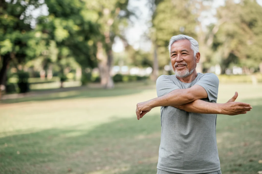 Ritratto di un anziano sorridente ma dall'aspetto leggermente fragile che fa stretching leggero in un parco, luce naturale morbida, obiettivo 35mm, profondità di campo che sfoca leggermente lo sfondo.