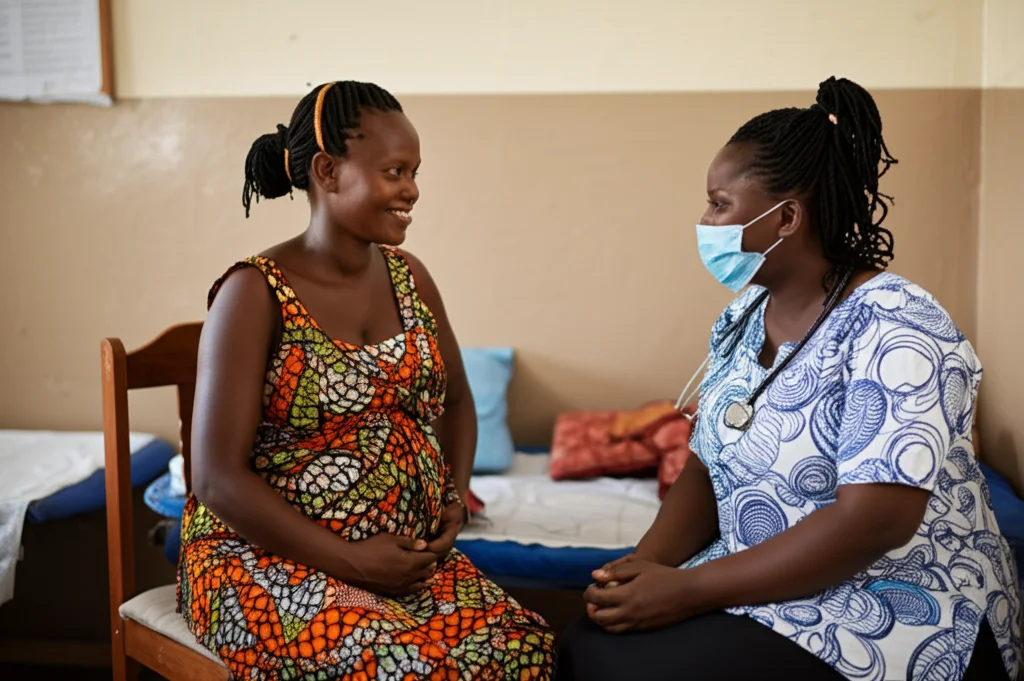 Ritratto fotografico di una donna incinta tanzaniana sorridente durante una visita prenatale in una clinica luminosa, obiettivo 35mm, luce naturale morbida, profondità di campo media che mostra parzialmente l'ambiente medico, colori caldi e naturali.