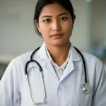 Ritratto fotografico di una giovane donna medico nepalese determinata, ambientato in un contesto clinico luminoso ma semplice. Obiettivo prime 35mm, luce naturale morbida, profondità di campo ridotta per focalizzare sul suo sguardo intenso e resiliente. Stile fotorealistico.