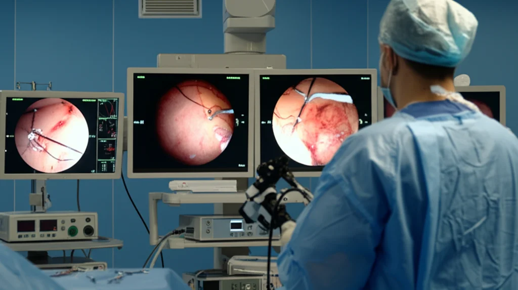 Scena della sala operatoria, 24 mm ad angolo largo, focus acuto, raffigurante una chirurgia di pietra renale minimamente invasiva (pellicce) con tecnologia di ureteroscopio flessibile avanzata visibile sui monitor che mostrano l'interno renale, illuminazione controllata, enfatizzando la natura ad alta tecnologia della moderna urologia.