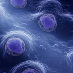 Visualizzazione astratta di cellule del mieloma multiplo al microscopio elettronico, con dettagli intricati delle strutture cellulari, illuminazione drammatica laterale, colori blu e viola duotone, lente macro 85mm, alta definizione.