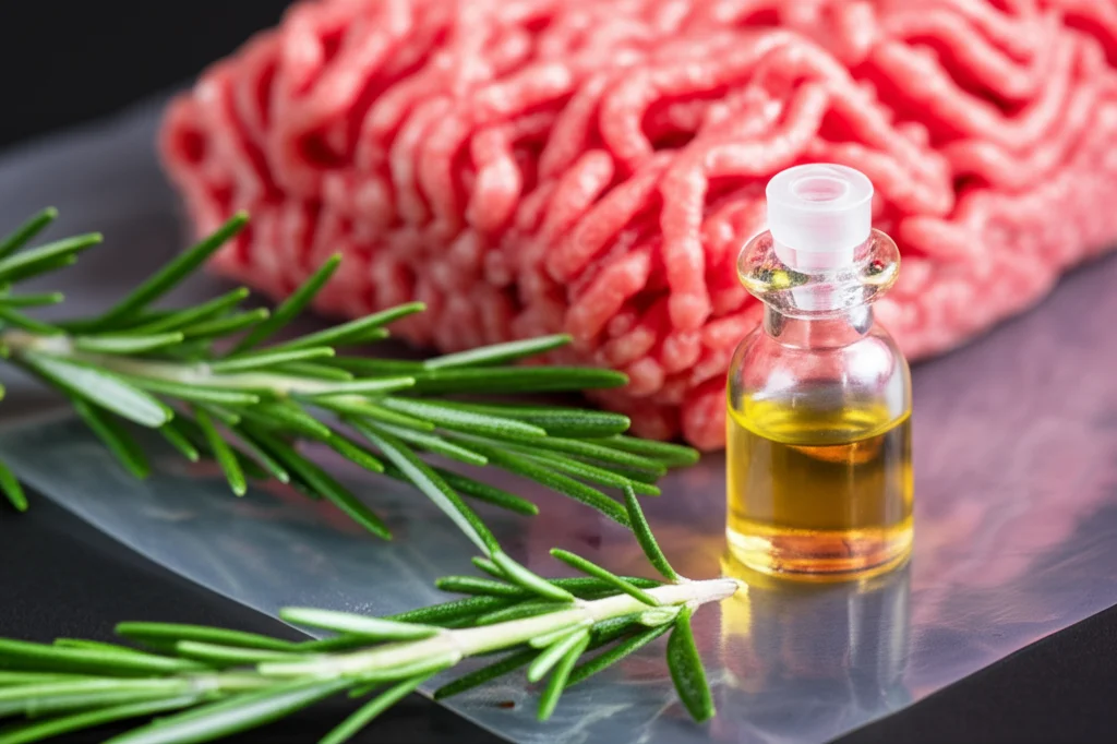 Composizione still life con rametti di rosmarino fresco, una boccetta di olio essenziale, un campione trasparente di film multistrato a base di chitosano e carne macinata fresca sullo sfondo, obiettivo macro 90mm, alta definizione, illuminazione naturale controllata, focus preciso sui dettagli del film e del rosmarino.