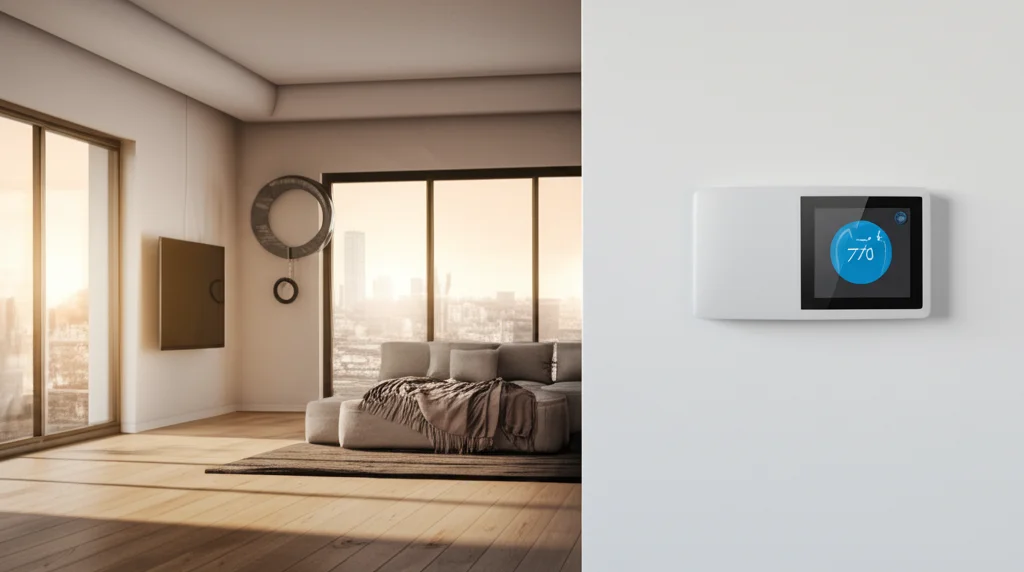 Foto grandangolare di un soggiorno moderno e confortevole con luce solare che entra da ampie finestre, un termostato smart visibile sulla parete. Obiettivo grandangolare 20mm, messa a fuoco nitida sugli interni, luce naturale morbida e calda.