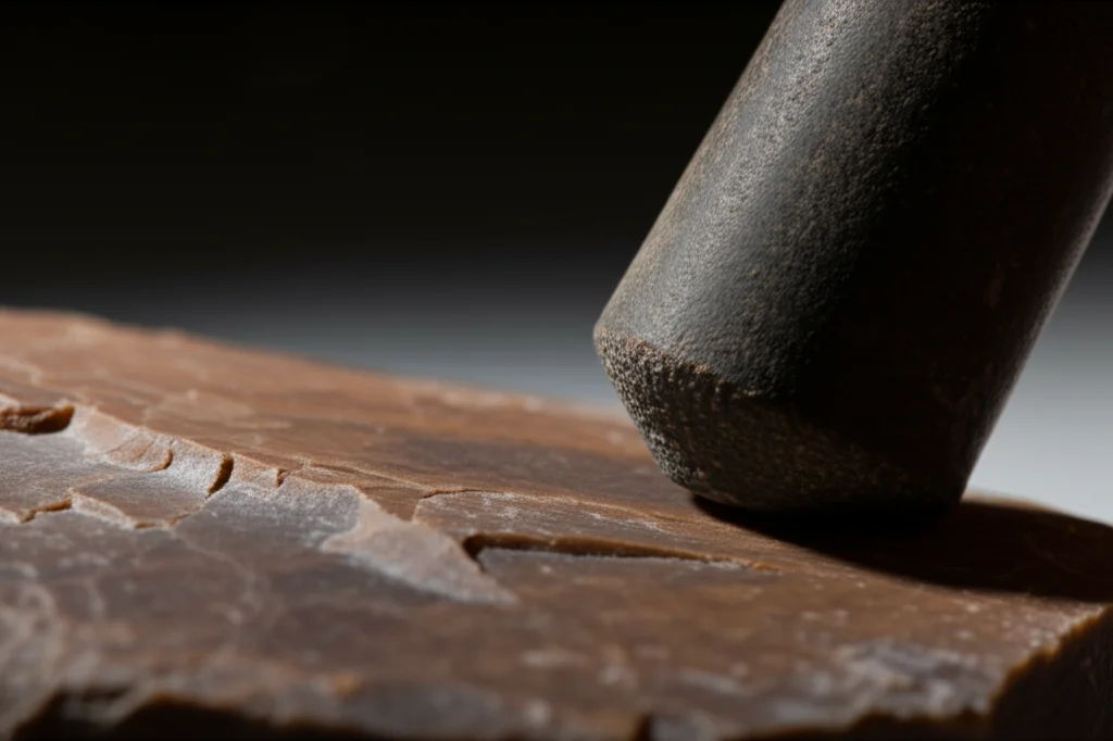 Fotografia realistica, primo piano con obiettivo 50mm, che cattura l'istante prima che un percussore in pietra colpisca un nucleo Levallois in selce preparato. Focus sull'angolo del colpo imminente rispetto alla piattaforma del nucleo. Illuminazione drammatica e controllata che evidenzia le texture della selce e del percussore. Profondità di campo ridotta per sfocare leggermente lo sfondo.