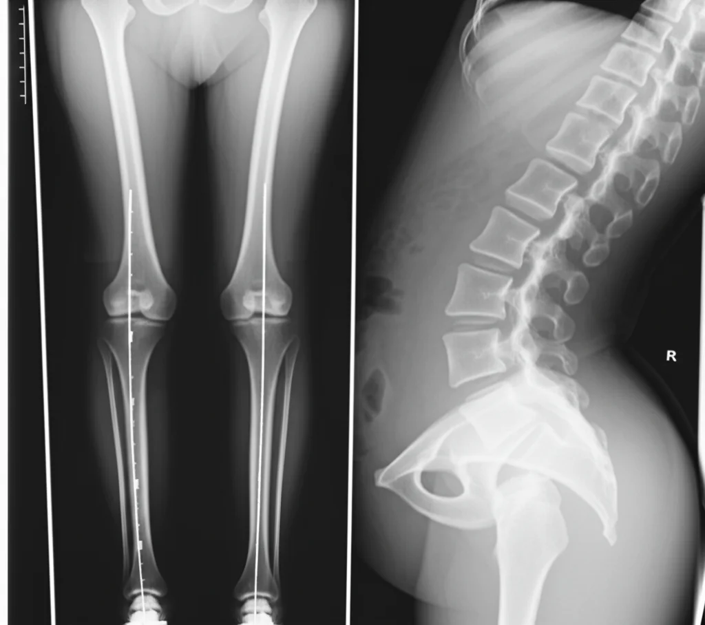 Immagine composita che mostra a sinistra una radiografia a tutta lunghezza degli arti inferiori di un adolescente con linee di misurazione per la LLD, e a destra una radiografia della colonna vertebrale dello stesso paziente che evidenzia una scoliosi funzionale lombare. Concetto medico-diagnostico, alta definizione, illuminazione neutra.