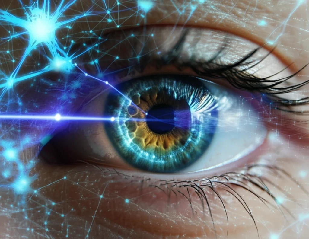 Immagine concettuale fotorealistica che mostra un occhio umano con sovrapposta una rete neurale digitale luminosa che analizza la retina alla ricerca di segni di retinopatia diabetica. Macro lens, 70mm, alta definizione, focus preciso sulla retina, illuminazione drammatica che evidenzia i dettagli tecnologici e biologici.