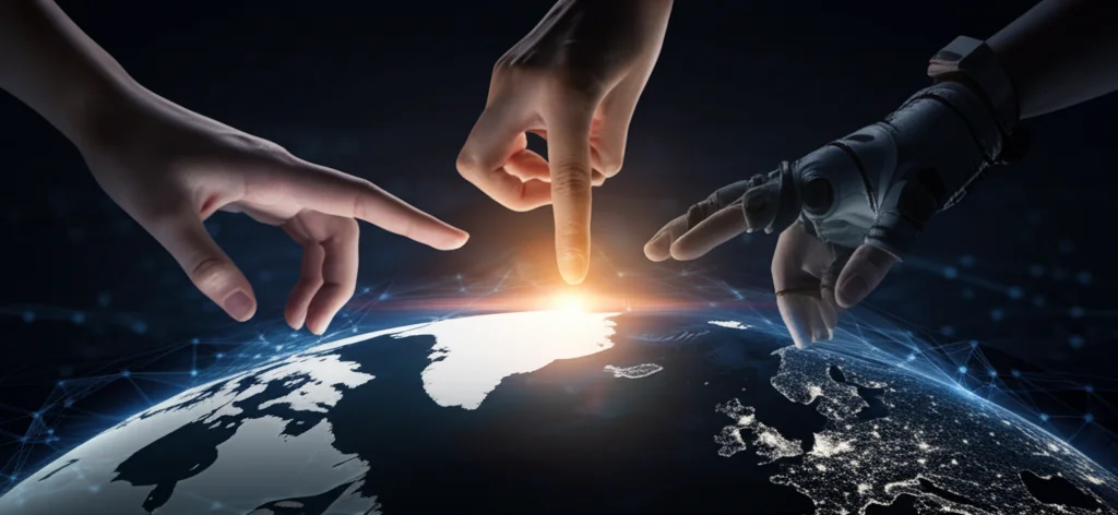 Immagine fotorealistica di tre mani diverse (una caucasica, una asiatica, una con guanto high-tech simboleggiante l'Europa) che convergono verso un globo terrestre digitale luminoso, senza però toccarsi completamente, sospese sopra di esso. Simboleggia la difficile ma necessaria ricerca di una governance globale per l'IA. Obiettivo prime 35mm, profondità di campo media, luce cinematografica soffusa che illumina le mani e il globo.