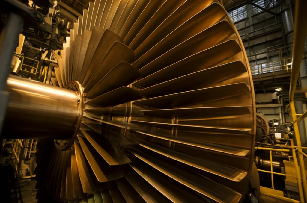 Immagine fotorealistica di un rotore di turbina a vapore in funzione all'interno di una centrale elettrica, dettagli meccanici nitidi e leggermente usurati, obiettivo prime 35mm, profondità di campo che sfoca lo sfondo industriale, illuminazione operativa mista calda e fredda.