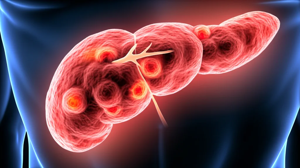 Immagine grandangolare con obiettivo 15mm che mostra una rappresentazione drammatica e leggermente astratta del pancreas umano con aree infiammate che brillano di rosso, su uno sfondo scuro e clinico che suggerisce gravità. Messa a fuoco nitida, illuminazione controllata.