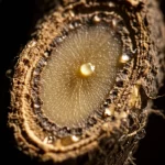 Primo piano dettagliato della radice legnosa di Tripterygium wilfordii sezionata, mostrando la corteccia esterna ruvida e l'interno più chiaro (floema/xilema), con goccioline stilizzate trasparenti che sembrano emergere dalla corteccia per rappresentare il triptolide, lente macro 100mm, illuminazione drammatica laterale che crea ombre profonde, alta definizione, texture legnosa molto evidente.