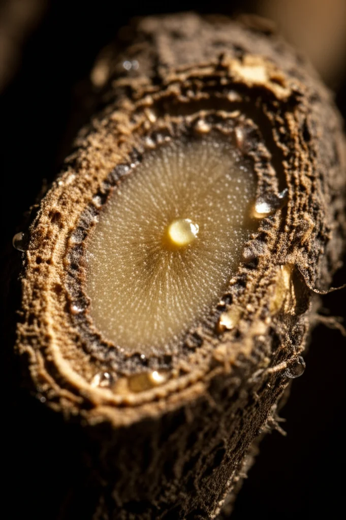 Primo piano dettagliato della radice legnosa di Tripterygium wilfordii sezionata, mostrando la corteccia esterna ruvida e l'interno più chiaro (floema/xilema), con goccioline stilizzate trasparenti che sembrano emergere dalla corteccia per rappresentare il triptolide, lente macro 100mm, illuminazione drammatica laterale che crea ombre profonde, alta definizione, texture legnosa molto evidente.