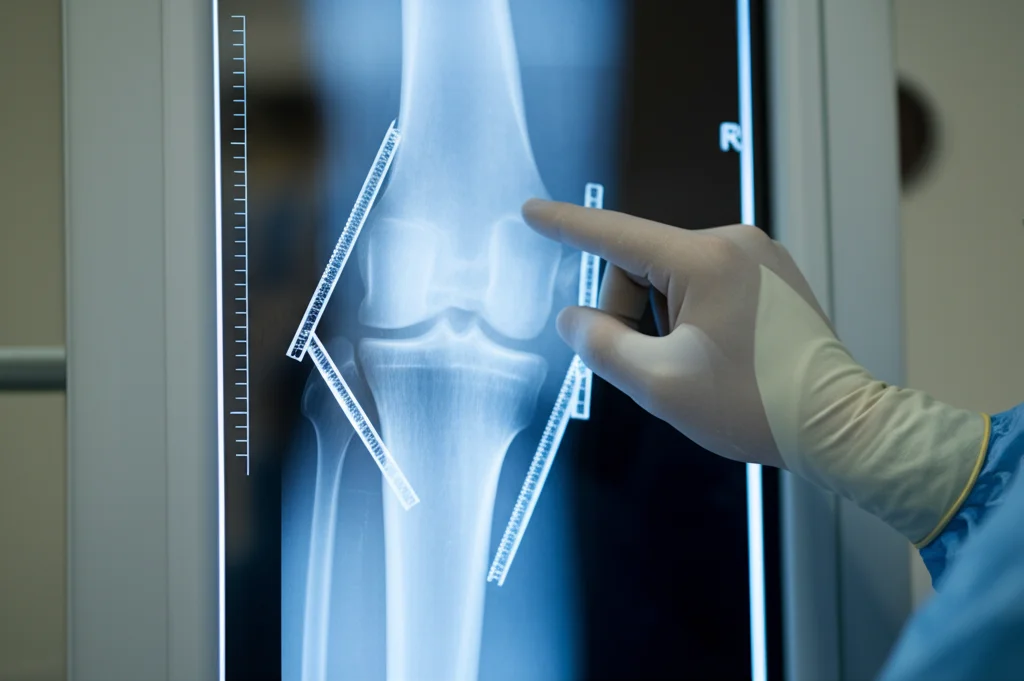 Primo piano di mani guantate di un chirurgo ortopedico che esamina una radiografia a tutta gamba su un visore luminoso, indicando gli angoli di allineamento anca-ginocchio-caviglia. Luce controllata, alta definizione, obiettivo macro 90mm per dettaglio sulle misurazioni.