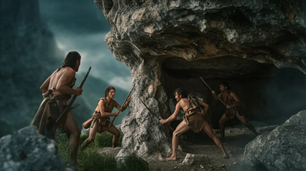 Ricostruzione fotorealistica di uno scontro tra gruppi di cacciatori-raccoglitori nel Paleolitico Superiore vicino a un riparo roccioso nelle Alpi Venete, illuminazione drammatica, stile cinematografico, obiettivo 35mm.