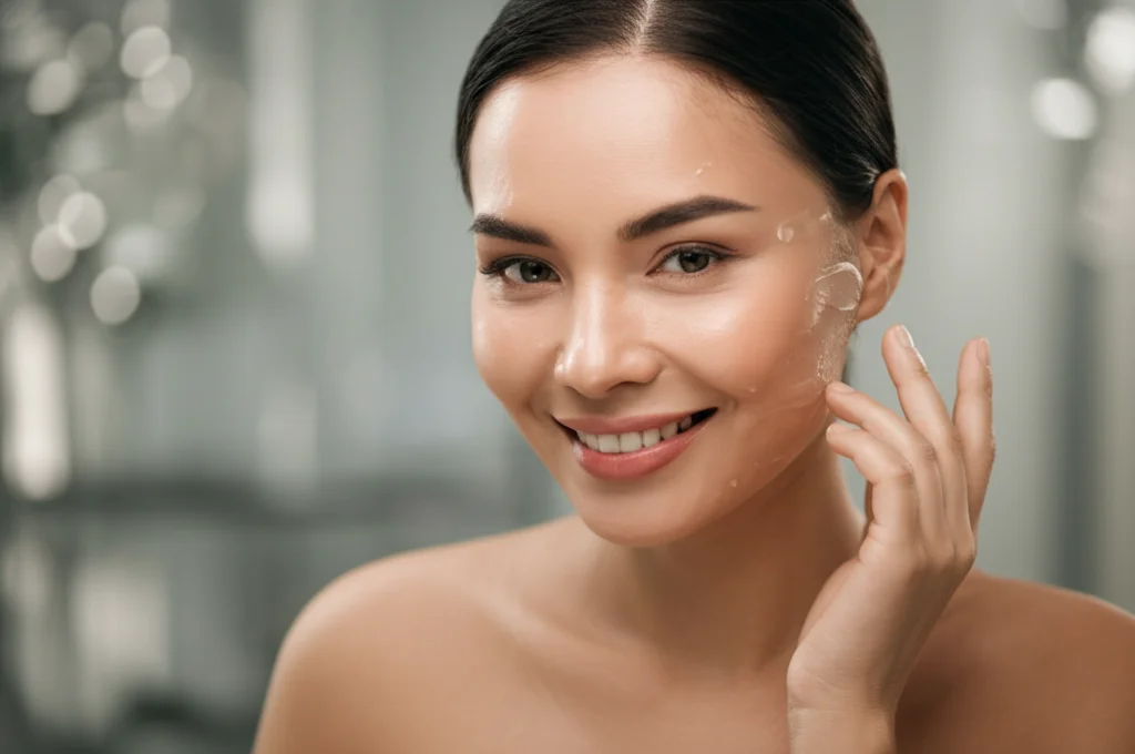 Ritratto di una donna asiatica sorridente con pelle luminosa e ringiovanita dopo un trattamento laser. Luce naturale morbida, sfondo leggermente sfocato, obiettivo prime 50mm, profondità di campo, colori caldi e naturali.