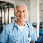 Ritratto fotografico di un uomo senior (65 anni) dall'aspetto sano e attivo che sorride con fiducia. Sfondo leggermente sfocato di uno studio medico o palestra riabilitativa. Obiettivo prime 50mm, luce naturale laterale, profondità di campo media, colori naturali e vibranti.
